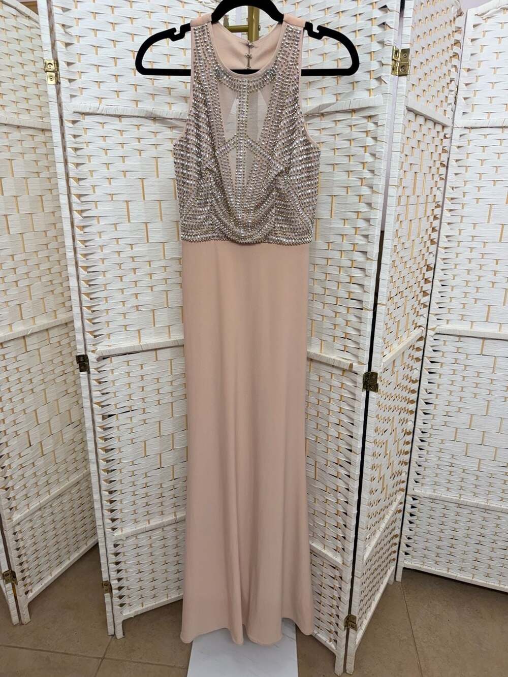 Aqua Dresses Nude Champagne Beaded Illusion Neck Keyhole Back Prom Gown